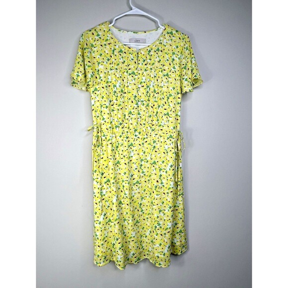 Loft Floral Pintucked Pleated Yellow Side Tie Button Flutter Sleeves Dress Sz S - Picture 4 of 12